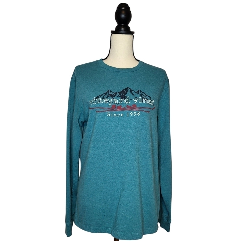 Vineyard Vines Long Sleeve Shirt Blue Green Front Logo Scoop Neck Size S